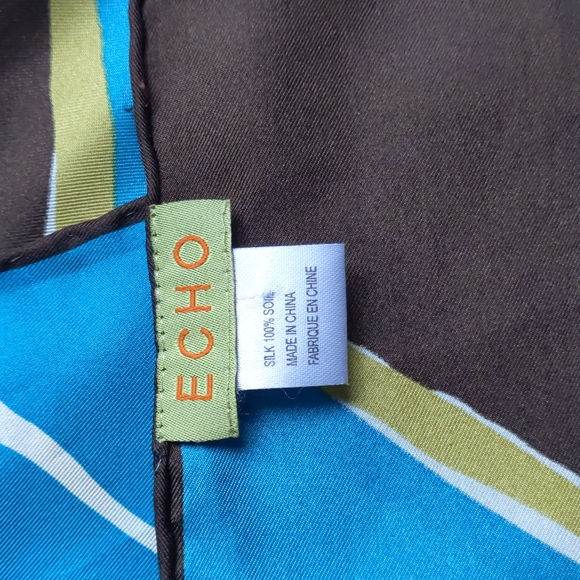 Oblong Silk Scarf, Echo, 59" by 9.5", Brown, Teal, - Picture 4 of 4